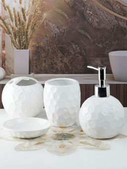 Kookee - Ceramic Toothbrush Holder, Soap Dish & Tumbler with Soap Dispenser -White (Set of 4)