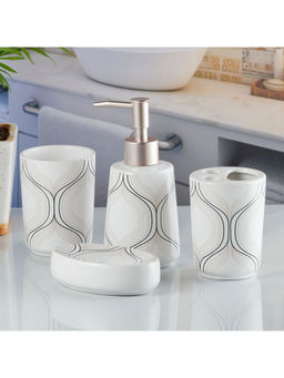 Kookee - Ceramic Toothbrush Holder, Soap Dish & Tumbler with Soap Dispenser -White (Set of 4)