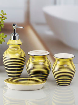 Kookee - Ceramic Toothbrush Holder, Soap Dish & Tumbler with Soap Dispenser -Yellow (Set of 4)