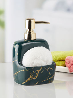 Kookee - Ceramic Soap Dispenser for handwash with Scruber for Bathroom- Green-Gold (Set of 2)