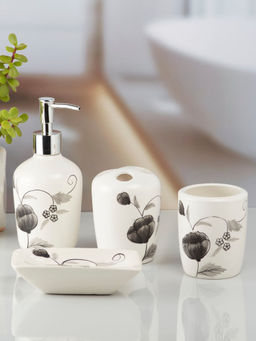 Kookee - Ceramic Toothbrush Holder, Soap Dish & Tumbler with Soap Dispenser -White (Set of 4)