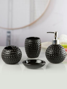 Kookee - Ceramic Toothbrush Holder, Soap Dish & Tumbler with Soap Dispenser -Black (Set of 4)