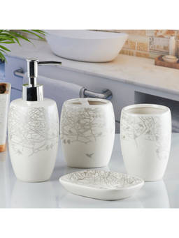 Kookee - Ceramic Toothbrush Holder, Soap Dish & Tumbler with Soap Dispenser -White (Set of 4)