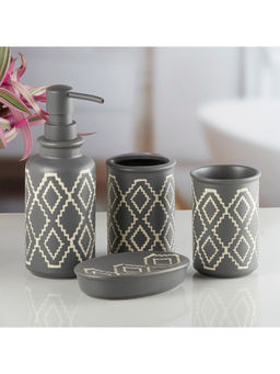 Kookee - Ceramic Toothbrush Holder, Soap Dish & Tumbler with Soap Dispenser -Grey (Set of 4)