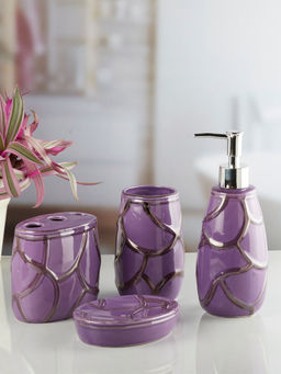 Kookee - Ceramic Toothbrush Holder, Soap Dish & Tumbler with Soap Dispenser -Purple (Set of 4)