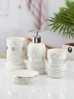 Kookee - Ceramic Toothbrush Holder, Soap Dish & Tumbler with Soap Dispenser -White (Set of 4)