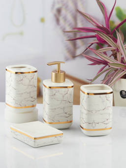 Kookee - Ceramic Toothbrush Holder, Soap Dish & Tumbler with Soap Dispenser -White (Set of 4)
