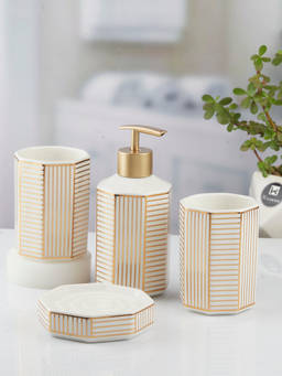 Kookee - Ceramic Toothbrush Holder, Soap Dish & Tumbler with Soap Dispenser -White (Set of 4)