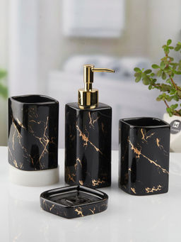 Kookee - Ceramic Toothbrush Holder, Soap Dish & Tumbler with Soap Dispenser -Black (Set of 4)
