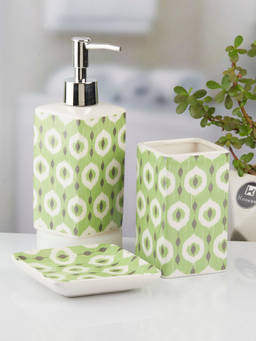 Kookee - Ceramic Toothbrush Holder and Soap Dish with Soap Dispenser -Green (Set of 3)