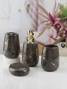 Kookee - Ceramic Toothbrush Holder, Soap Dish & Tumbler with Soap Dispenser -Black (Set of 4)