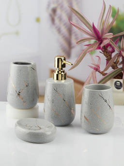 Kookee - Ceramic Toothbrush Holder, Soap Dish & Tumbler with Soap Dispenser -Grey (Set of 4)