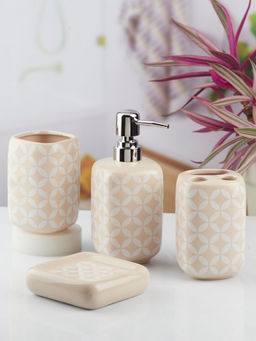 Kookee - Ceramic Toothbrush Holder, Soap Dish & Tumbler with Soap Dispenser -Beige (Set of 4)