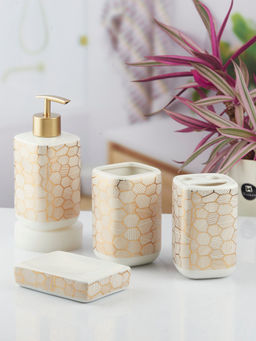 Kookee - Ceramic Toothbrush Holder, Soap Dish & Tumbler with Soap Dispenser -White (Set of 4)