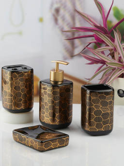 Kookee - Ceramic Toothbrush Holder, Soap Dish & Tumbler with Soap Dispenser -Black (Set of 4)