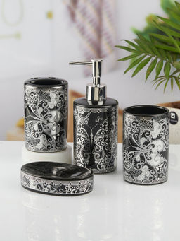Kookee - Ceramic Toothbrush Holder, Soap Dish & Tumbler with Soap Dispenser -Black (Set of 4)