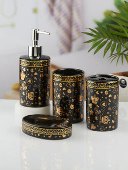 Kookee - Ceramic Toothbrush Holder, Soap Dish & Tumbler with Soap Dispenser -Black (Set of 4)