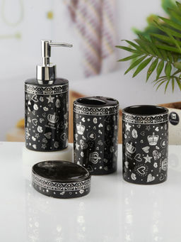 Kookee - Ceramic Toothbrush Holder, Soap Dish & Tumbler with Soap Dispenser -Black (Set of 4)