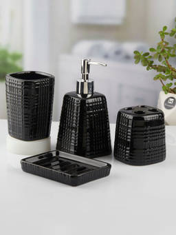 Kookee - Ceramic Toothbrush Holder, Soap Dish & Tumbler with Soap Dispenser -Black (Set of 4)