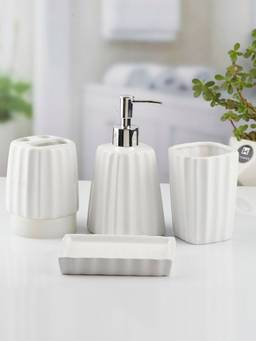 Kookee - Ceramic Toothbrush Holder, Soap Dish & Tumbler with Soap Dispenser -White (Set of 4)