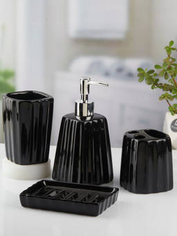 Kookee - Ceramic Toothbrush Holder, Soap Dish & Tumbler with Soap Dispenser -Black (Set of 4)