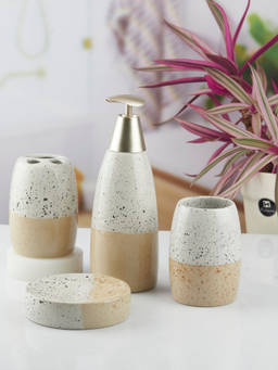 Kookee - Ceramic Toothbrush Holder, Soap Dish & Tumbler with Soap Dispenser -Beige (Set of 4)