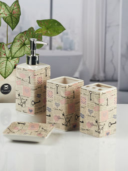 Kookee - Ceramic Toothbrush Holder,Tumbler, Soap Dish with Soap Dispenser-Multi-Color (Set of 4)