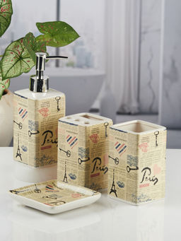 Kookee - Ceramic Toothbrush Holder,Tumbler, Soap Dish with Soap Dispenser-Multi-Color (Set of 4)