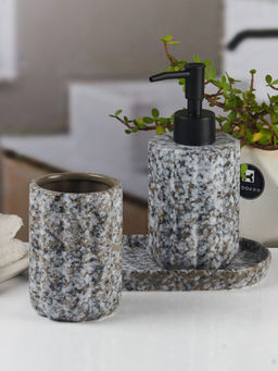 Kookee - Ceramic Toothbrush Holder with Soap Dispenser and Tray -Grey (Set of 3)