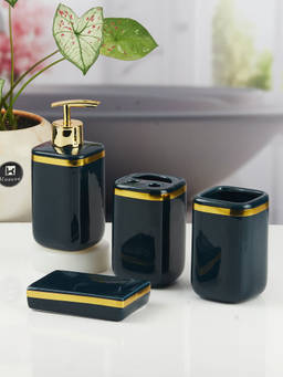 Kookee - Ceramic Toothbrush Holder, Soap Dish & Tumbler with Soap Dispenser -Black (Set of 4)