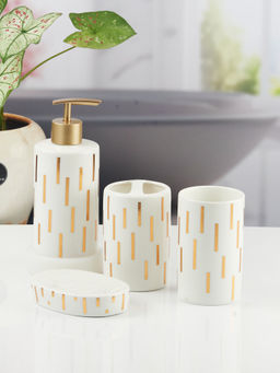 Kookee - Ceramic Toothbrush Holder, Soap Dish & Tumbler with Soap Dispenser -White (Set of 4)