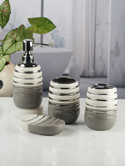 Kookee - Ceramic Toothbrush Holder, Soap Dish & Tumbler with Soap Dispenser -Grey (Set of 4)