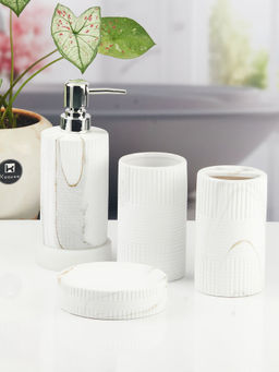 Kookee - Ceramic Toothbrush Holder, Soap Dish & Tumbler with Soap Dispenser -White (Set of 4)