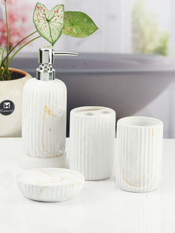 Kookee - Ceramic Toothbrush Holder, Soap Dish & Tumbler with Soap Dispenser -White (Set of 4)