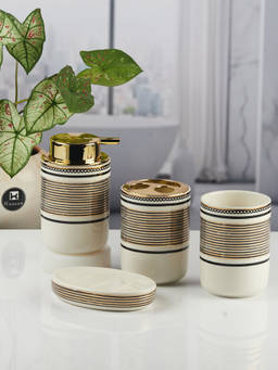 Kookee - Ceramic Toothbrush Holder, Soap Dish & Tumbler with Soap Dispenser -Off White (Set of 4)
