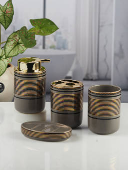 Kookee - Ceramic Toothbrush Holder, Soap Dish & Tumbler with Soap Dispenser -Black (Set of 4)