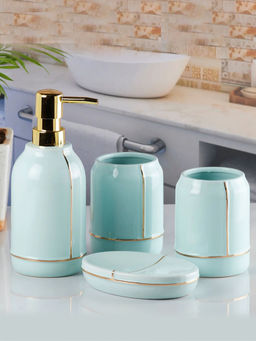 Kookee - Ceramic Soap Dish, Toothbrush Holder & Tray with Soap Dispenser -Blue (Set of 5)