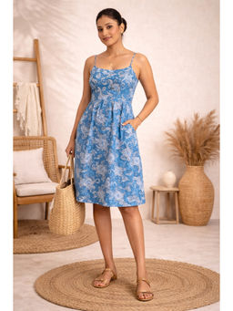 SILSELAH - Women's Blue Floral Printed Shoulder Strap Dress