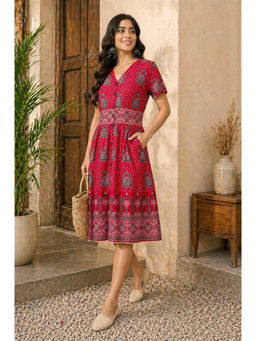 SILSELAH - Women's Everyday Elegance Red Motif Print A-Line Dress