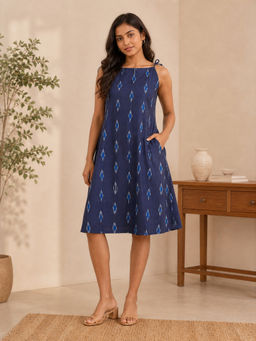 SILSELAH - Women's Stylish Blue Ethnic Print A-Line Midi Dress