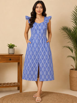 SILSELAH - Women's Blue Breeze Ikat Print A-Line Midi Dress
