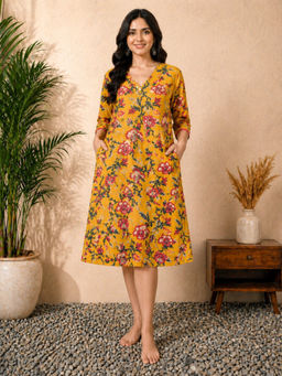 SILSELAH - Women's Mustard Floral Printed Dress