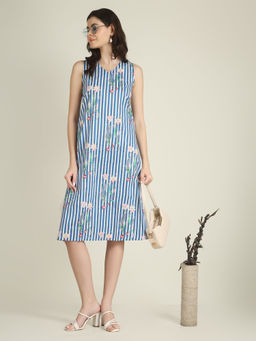 SPARSA - Sky Blue Striped Sleeveless V-Neck A-Line Cotton Dress