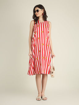SPARSA - Red Striped Sleeveless V-Neck A-Line Cotton Dress