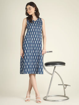 SPARSA - Blue Printed Sleeveless V-Neck A-Line Cotton Dress