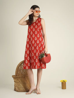 SPARSA - Red Printed Sleeveless V-Neck A-Line Cotton Dress