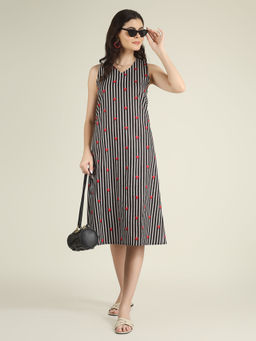 SPARSA - Black Striped Sleeveless V-Neck A-Line Cotton Dress