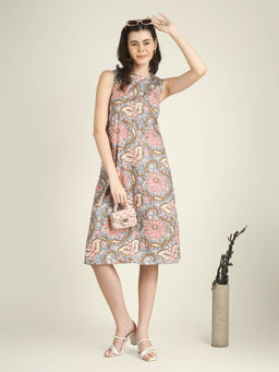 SPARSA - Grey Printed Sleeveless A-Line Cotton Dress