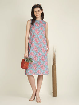 SPARSA - Sky Blue Printed Sleeveless A-Line Cotton Dress