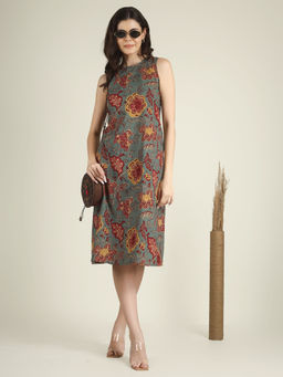 SPARSA - Green Printed Sleeveless A-Line Cotton Dress